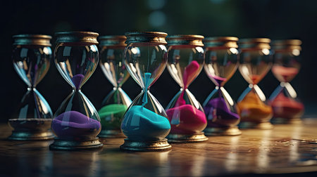 Colorful hourglass on a dark background. Time management concept.の素材