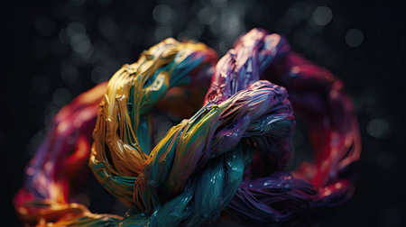 Colorful twisted ribbons of different colors on a black background.の素材