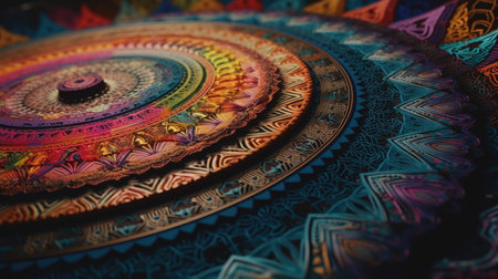 Close up of colorful indian paisley pattern on wooden backgroundの素材