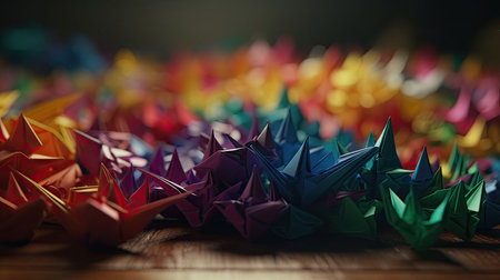 Colorful origami cranes on a wooden background. 3d renderingの素材