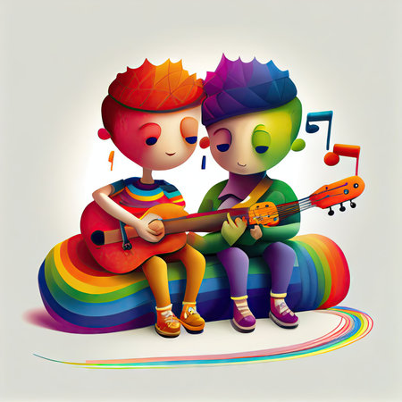 Two boys playing guitar and singing on a rainbow background. Vector illustration.の素材