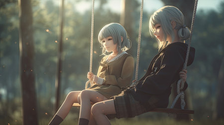 Two beautiful young women sitting on a swing and looking at each otherの素材
