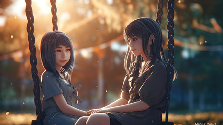 Two young women sitting on a swing in the park. Concept of friendship.の素材