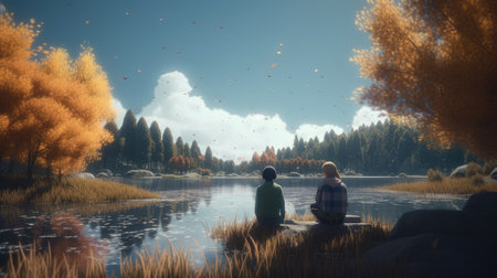 A couple sitting on a lake and watching the autumnal landscape.の素材