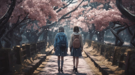 Two girls with backpacks walking in the autumn park. Cherry blossomの素材