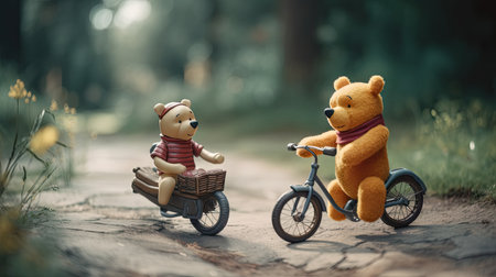 Cute illustration of Winnie the Pooh playing with in the park, 3d realistic styleの素材