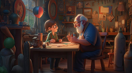 Father's Day illustration playing with his grandson, 3D Style, 3d realisitcの素材