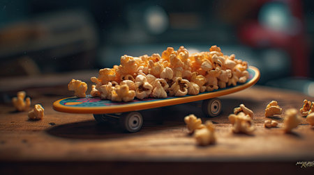 popcorn in the form of a skateboard on a wooden backgroundの素材