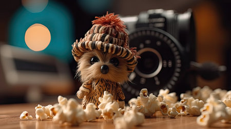 Cute toy dog in hat with popcorn and camera on wooden tableの素材