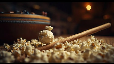 Popcorn and a wooden spoon on a wooden table. Selective focus.の素材