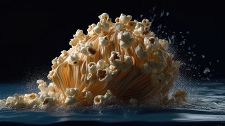 Popcorn in motion on a black background. 3d rendering.の素材