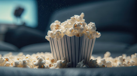 Popcorn in a white box on a blue sofa. 3d renderingの素材