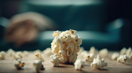 Close up of popcorn on wooden table. Unrecognizable person watching movie.の素材