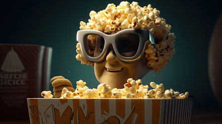 3d illustration of a man in 3d glasses eating popcorn.の素材