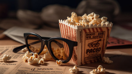 Cinema concept with 3d glasses and popcorn on the tableの素材