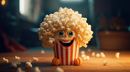 Popcorn in a bucket on a wooden table. 3d illustrationの素材