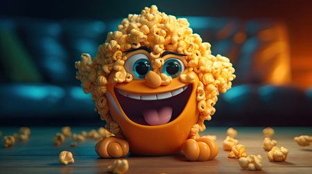 Funny yellow monster with popcorn on the table. 3d illustrationの素材