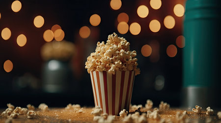 Popcorn in striped box on blurred background with bokeh effectの素材