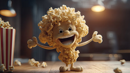 Funny cartoon character with popcorn on wooden table. 3d renderingの素材
