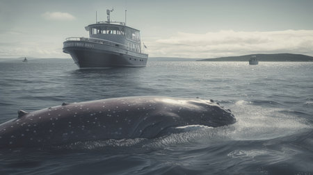 Illustration of a whale on the surface of the sea, 3d realisticの素材
