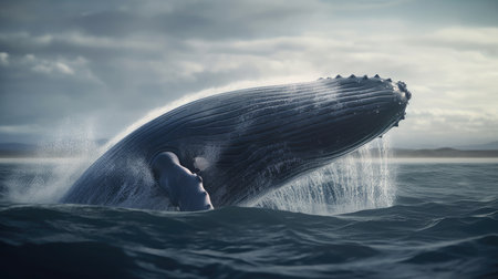Illustration of a whale on the surface of the sea, 3d realisticの素材