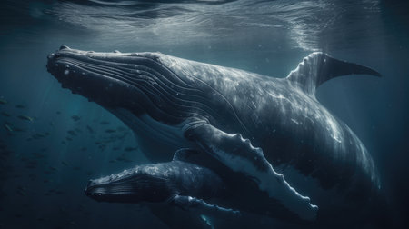 Illustration of a whale on the surface of the sea, 3d realisticの素材