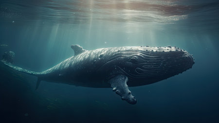 Illustration of a whale on the surface of the sea, 3d realisticの素材
