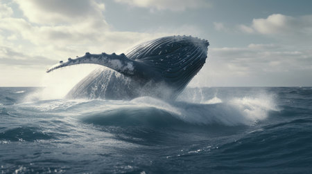 Illustration of a whale on the surface of the sea, 3d realisticの素材
