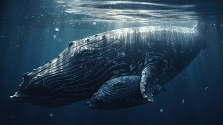 Illustration of a whale on the surface of the sea, 3d realisticの素材