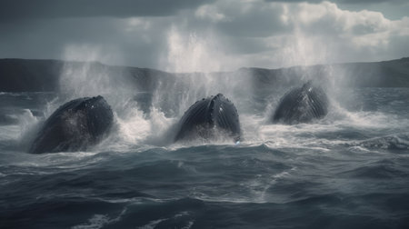 Illustration of a whale on the surface of the sea, 3d realisticの素材