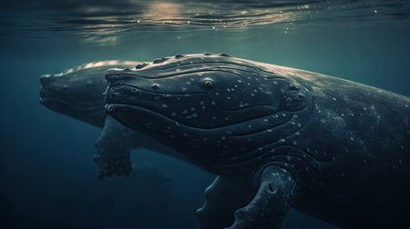 Illustration of a whale on the surface of the sea, 3d realisticの素材