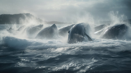 Illustration of a whale on the surface of the sea, 3d realisticの素材