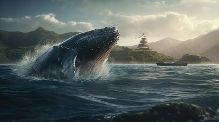 Illustration of a whale on the surface of the sea, 3d realisticの素材