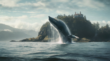 Illustration of a whale on the surface of the sea, 3d realisticの素材