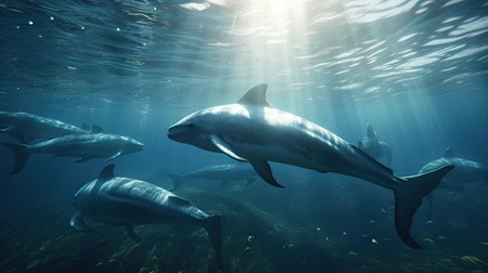 Illustration of a whale on the surface of the sea, 3d realisticの素材