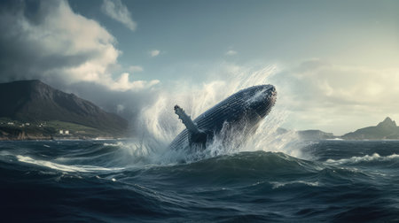 Illustration of a whale on the surface of the sea, 3d realisticの素材