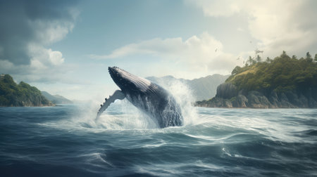 Illustration of a whale on the surface of the sea, 3d realisticの素材
