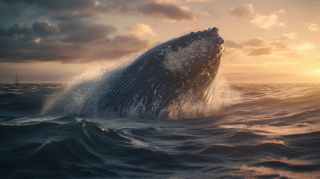 Illustration of a whale on the surface of the sea, 3d realisticの素材