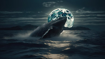 Illustration of a whale on the surface of the sea, 3d realisticの素材