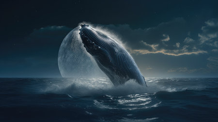 Illustration of a whale on the surface of the sea, 3d realisticの素材