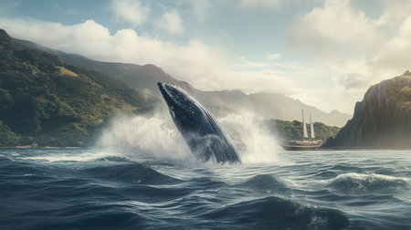 Illustration of a whale on the surface of the sea, 3d realisticの素材