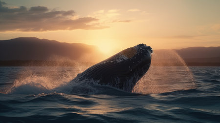 Illustration of a whale on the surface of the sea, 3d realisticの素材