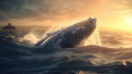 Illustration of a whale on the surface of the sea, 3d realisticの素材
