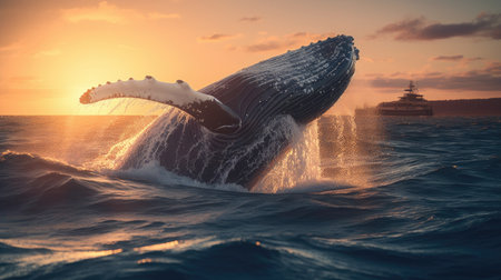 Illustration of a whale on the surface of the sea, 3d realisticの素材