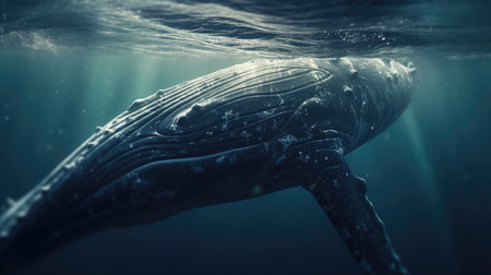 Illustration of a whale on the surface of the sea, 3d realisticの素材