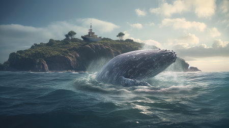 Illustration of a whale on the surface of the sea, 3d realisticの素材