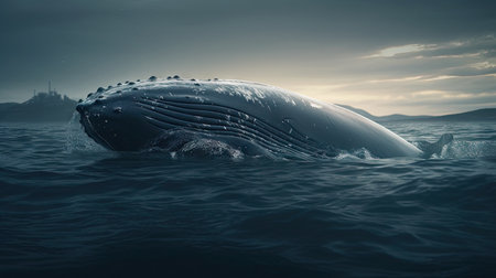 Illustration of a whale on the surface of the sea, 3d realisticの素材