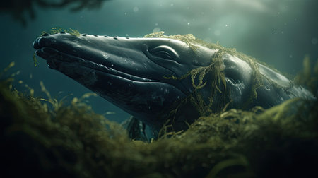 Illustration of a whale on the surface of the sea, 3d realisticの素材