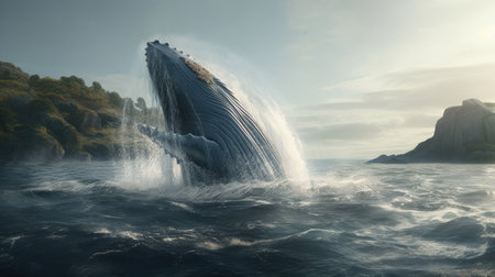 Illustration of a whale on the surface of the sea, 3d realisticの素材
