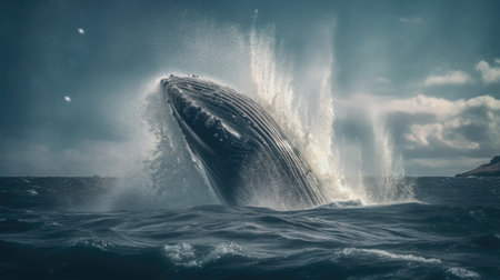 Illustration of a whale on the surface of the sea, 3d realisticの素材